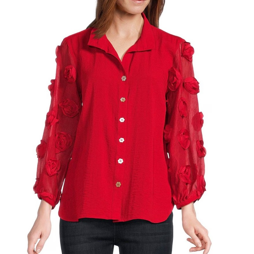John Mark Petite Woven Wire Collar Sheer 3/4 3D Rosette Sleeve ButtonFrontBlouse